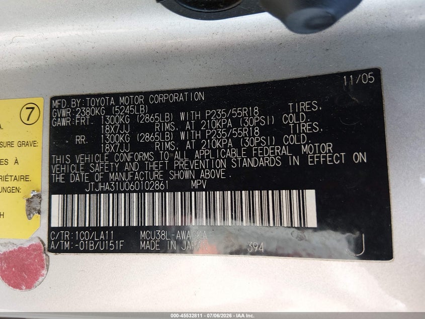2006 Lexus Rx 330 VIN JTJHA31U060102861 IAAI salvage auction — NORMAL WEAR, Peddle Clear Public-Restricted (Oregon), sold $675 on 2026-07-29 (photo 9)