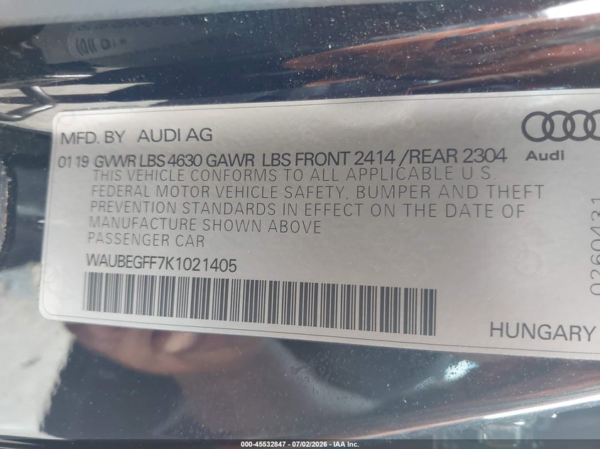 2019 Audi A3 VIN WAUBEGFF7K1021405 IAAI salvage auction — NORMAL WEAR, Original (Texas), sold $2,150 on 2026-07-22 (photo 9)