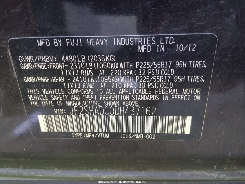 2013 Subaru Forester VIN JF2SHADC0DH437162 IAAI salvage auction — NORMAL WEAR, Clear (Tennessee), sold $375 on 2026-07-29 (photo 9)