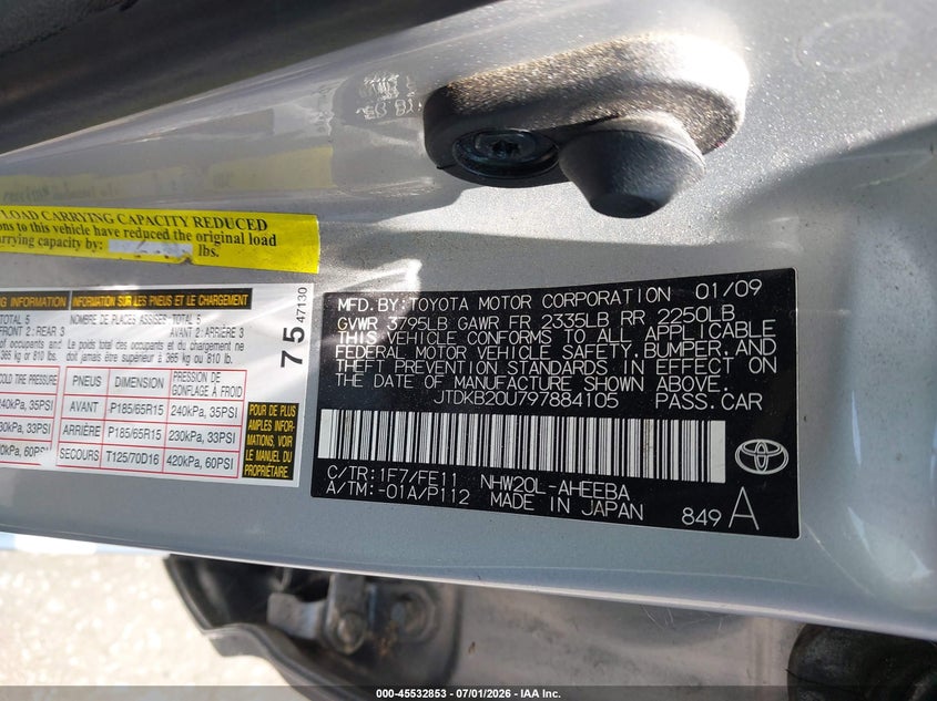 2009 Toyota Prius VIN JTDKB20U797884105 IAAI salvage auction — THEFT, Salvage Certificate (California), sold $275 on 2026-07-24 (photo 9)