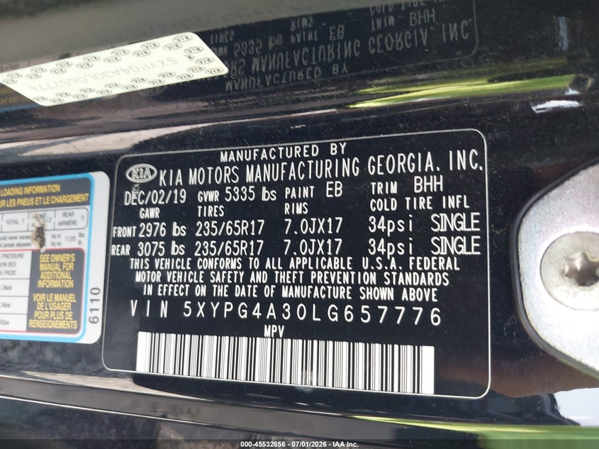 2020 Kia Sorento VIN 5XYPG4A30LG657776 IAAI salvage auction — FRONT END, Salvage Title, sold $2,450 on 2026-07-26 (photo 9)