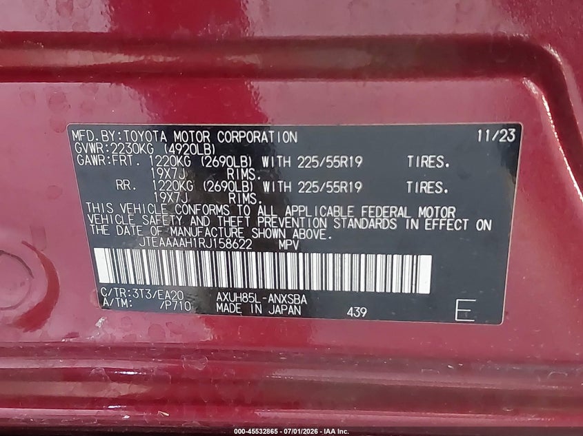 2024 Toyota Venza VIN JTEAAAAH1RJ158622 IAAI salvage auction — SIDE, Salvage Title, sold $4,450 on 2026-07-21 (photo 9)