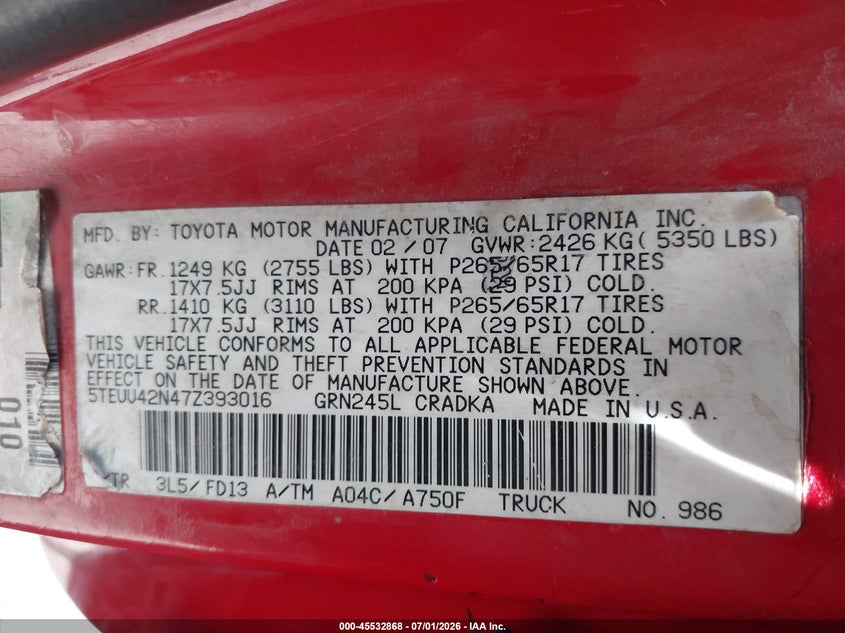 2007 Toyota Tacoma VIN 5TEUU42N47Z393016 IAAI salvage auction — FRONT END, Salvage (Arizona), sold $2,150 on 2026-07-28 (photo 9)