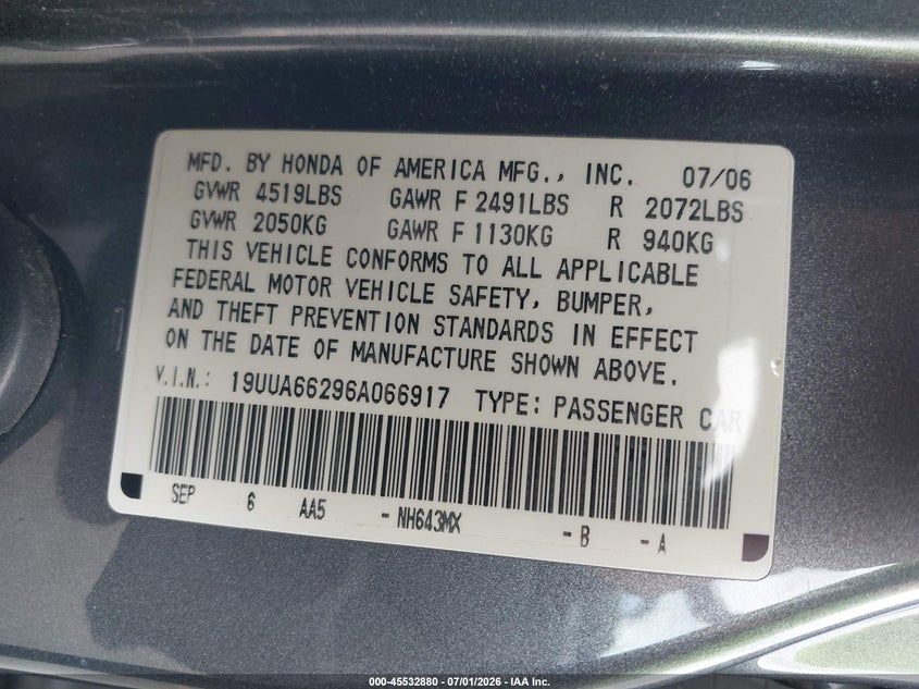 2006 Acura Tl VIN 19UUA66296A066917 IAAI salvage auction — NORMAL WEAR, Clear-Dealer Only (Oregon), sold $975 on 2026-07-09 (photo 9)