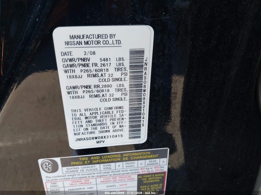 2008 Infiniti Fx35 VIN JNRAS08W08X210415 IAAI salvage auction — RIGHT FRONT, Salvage Certificate (California), sold $425 on 2026-07-31 (photo 9)
