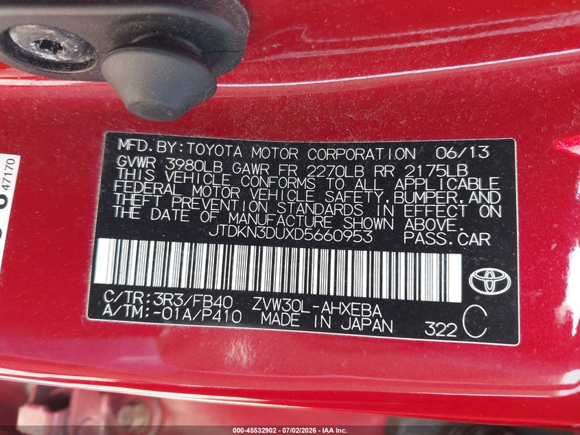 2013 Toyota Prius VIN JTDKN3DUXD5660953 IAAI salvage auction — NORMAL WEAR, Clear (Pennsylvania), sold $2,500 on 2026-07-07 (photo 9)