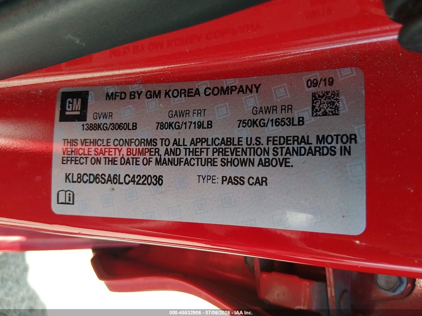 2020 Chevrolet Spark VIN KL8CD6SA6LC422036 IAAI salvage auction — FRONT END, Clear (Arizona), sold $1,400 on 2026-07-30 (photo 9)