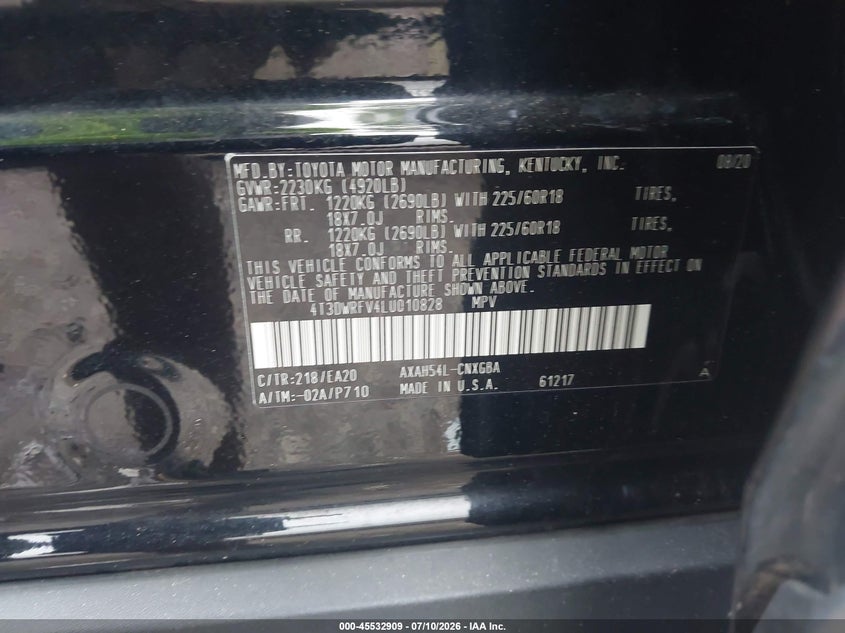 2020 Toyota Rav 4 VIN 4T3DWRFV4LU010828 IAAI salvage auction — SIDE, Salvage (Georgia), sold $10,000 on 2026-07-29 (photo 9)
