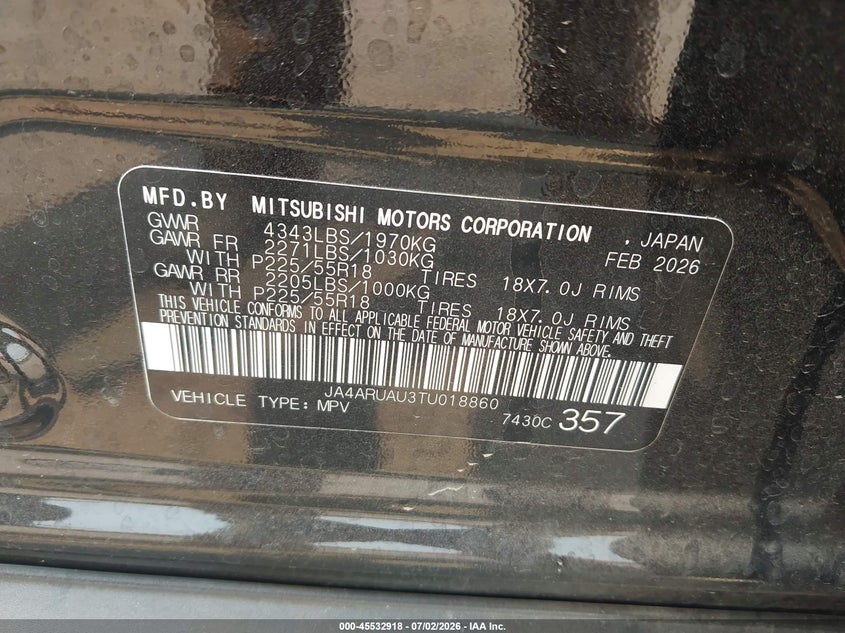 2026 Mitsubishi Outlander VIN JA4ARUAU3TU018860 IAAI salvage auction — REAR END, Enterprise Vehicles Clear Only (Minnesota), sold $10,700 on 2026-07-14 (photo 9)
