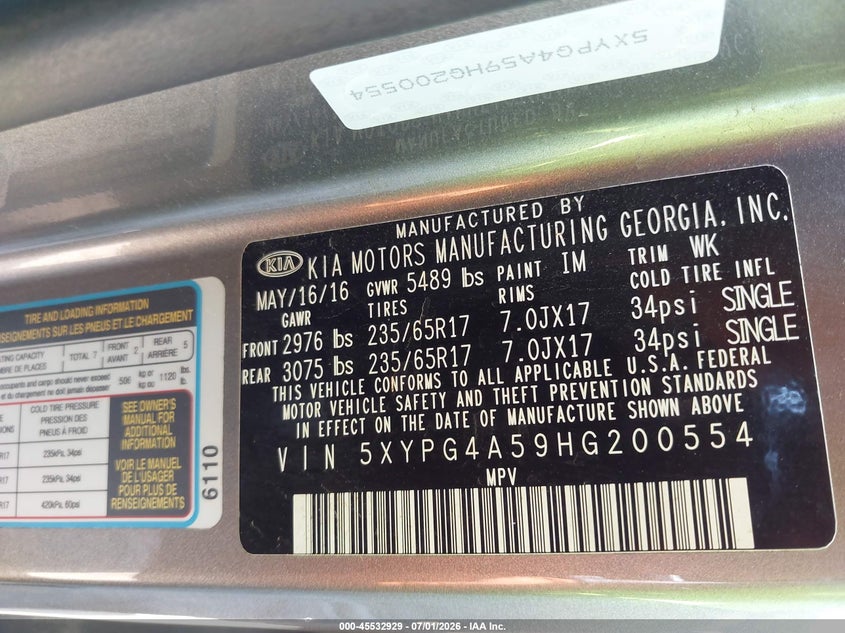 2017 Kia Sorento VIN 5XYPG4A59HG200554 IAAI salvage auction — NORMAL WEAR, Clear-Dealer Only (North Carolina), sold $1,350 on 2026-07-27 (photo 9)