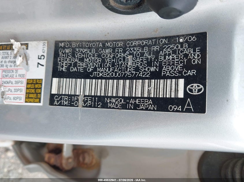 2007 Toyota Prius VIN JTDKB20U077577422 IAAI salvage auction — NORMAL WEAR, Clear (Massachusetts), sold $400 on 2026-07-10 (photo 9)