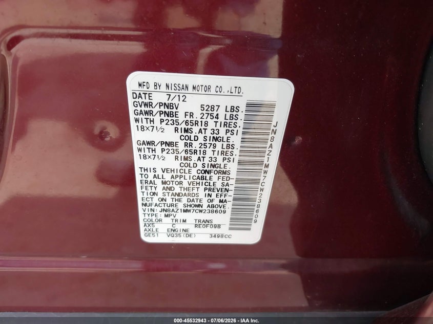 2012 Nissan Murano VIN JN8AZ1MW7CW238609 IAAI salvage auction — BIO HAZARD, Salvage (Virginia), sold $25 on 2026-07-28 (photo 9)