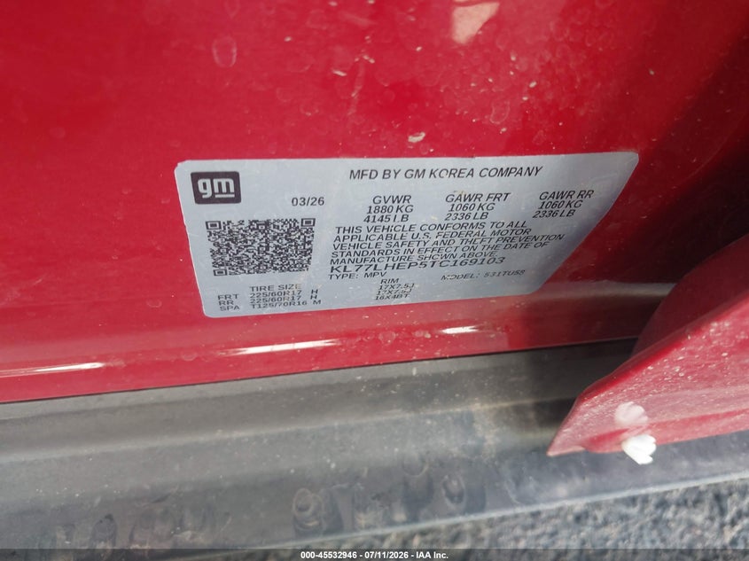 2026 Chevrolet Trax VIN KL77LHEP5TC169103 IAAI salvage auction — FRONT & REAR, Enterprise Vehicles Clear Only (Colorado), sold $12,650 on 2026-07-14 (photo 9)