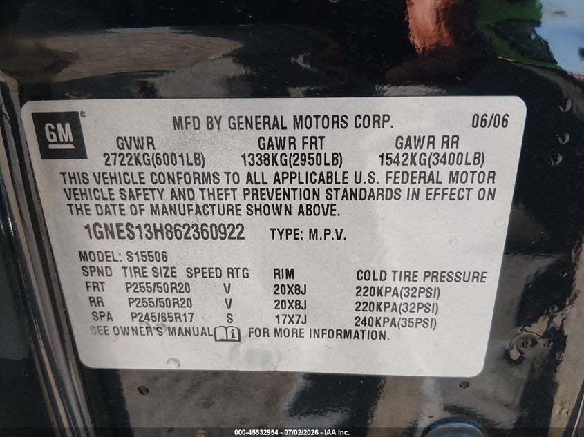 2006 Chevrolet Trailblazer VIN 1GNES13H862360922 IAAI salvage auction — THEFT, Salvage (South Carolina), sold $3,150 on 2026-08-21 (photo 9)