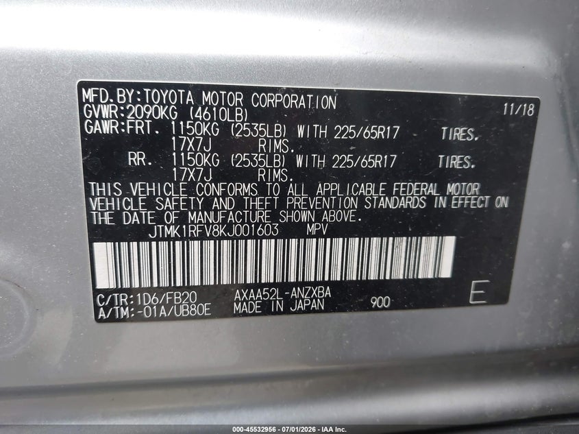 2019 Toyota Rav 4 VIN JTMK1RFV8KJ001603 IAAI salvage auction — REAR END, Salvage (California), sold $6,000 on 2026-07-22 (photo 9)