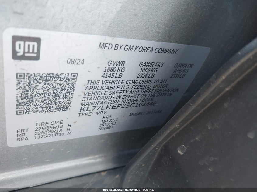 2025 Chevrolet Trax VIN KL77LKEP2SC104446 IAAI salvage auction — ROLLOVER, Salvage (Ohio), sold $725 on 2026-07-27 (photo 9)