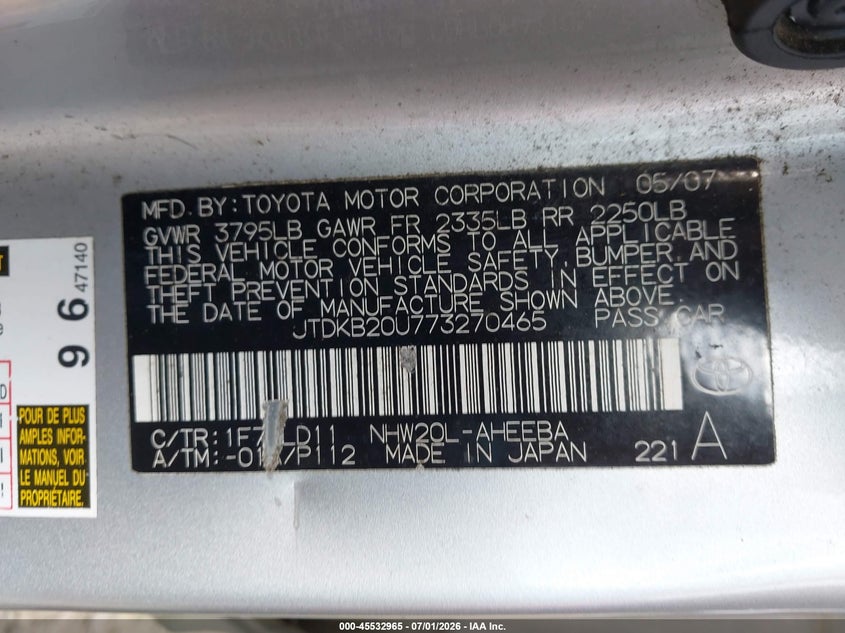2007 Toyota Prius VIN JTDKB20U773270465 IAAI salvage auction — NORMAL WEAR, Rebuilt-Non-Public (Washington), sold $975 on 2026-07-22 (photo 9)