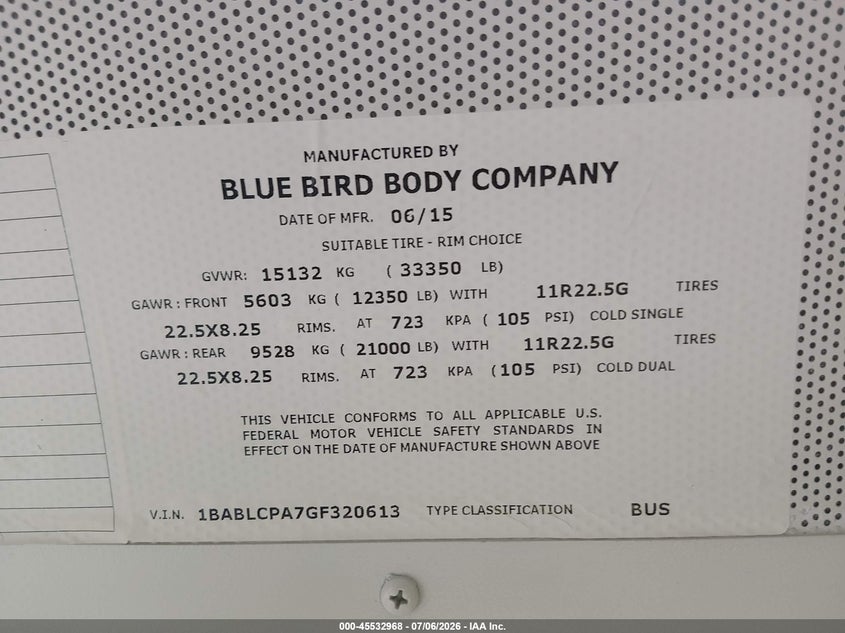 2016 Blue bird School bus / transit bus VIN 1BABLCPA7GF320613 IAAI salvage auction — ENGINE DAMAGE, Sf97 (Washington), sold $12,000 on 2026-07-29 (photo 9)