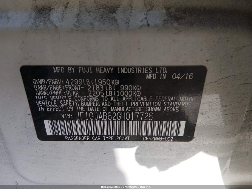 2016 Subaru Impreza VIN JF1GJAB62GH017726 IAAI salvage auction — FRONT END, Salvage (Pennsylvania), sold $25 on 2026-07-28 (photo 9)
