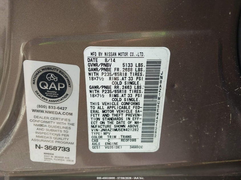 2014 Nissan Murano VIN JN8AZ1MU5EW421282 IAAI salvage auction — NORMAL WEAR, Clear (Mississippi), sold $425 on 2026-07-23 (photo 9)