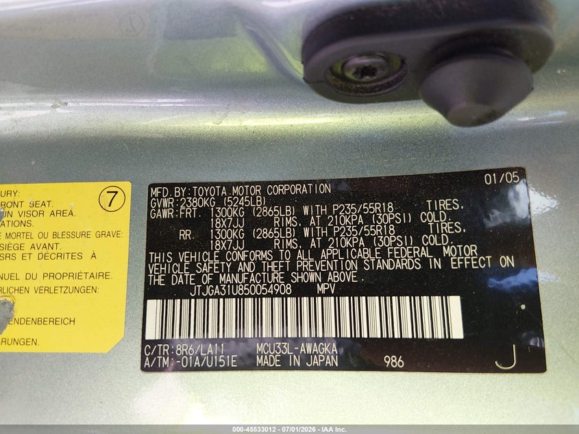 2005 Lexus Rx 330 VIN JTJGA31U850054908 IAAI salvage auction — NORMAL WEAR, Clear - Dealer Only (California), sold $775 on 2026-07-29 (photo 9)