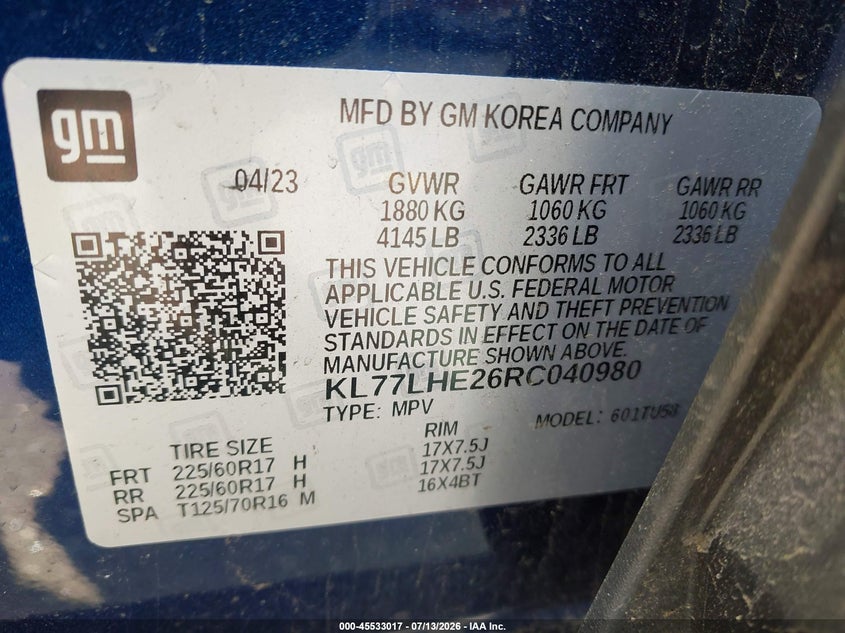2024 Chevrolet Trax VIN KL77LHE26RC040980 IAAI salvage auction — SIDE, Salvage Title, sold $6,800 on 2026-08-01 (photo 9)