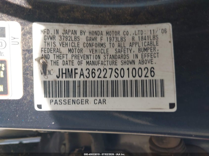 2007 Honda Civic hybrid VIN JHMFA36227S010026 IAAI salvage auction — NORMAL WEAR, Clear - Dealer Only (California), sold $400 on 2026-07-15 (photo 9)