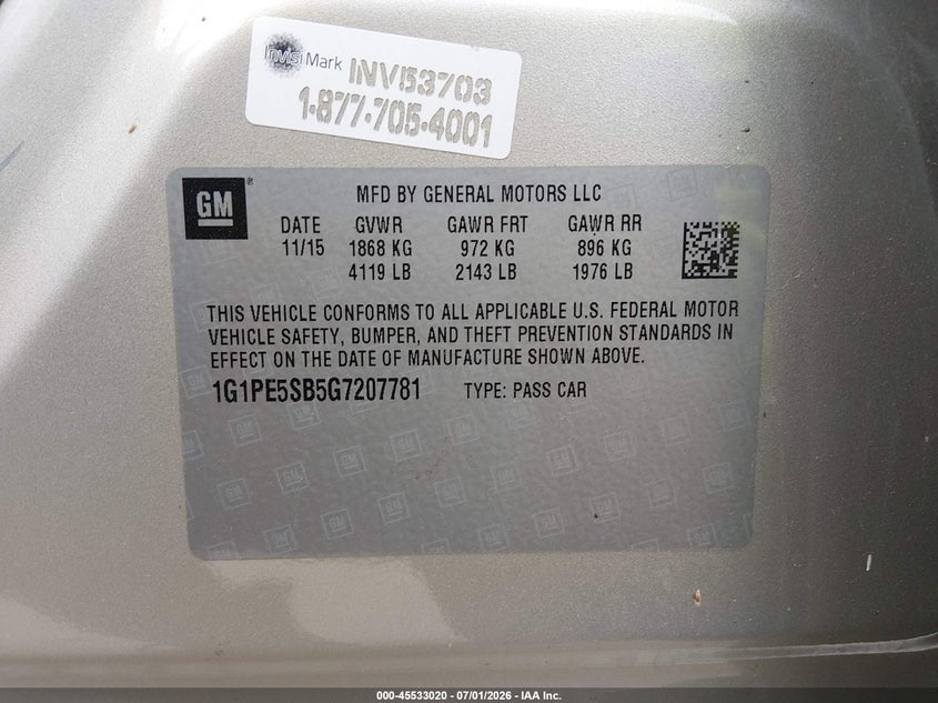 2016 Chevrolet Cruze VIN 1G1PE5SB5G7207781 IAAI salvage auction — UNKNOWN, Clear - Dealer Only (California), sold $825 on 2026-07-21 (photo 9)