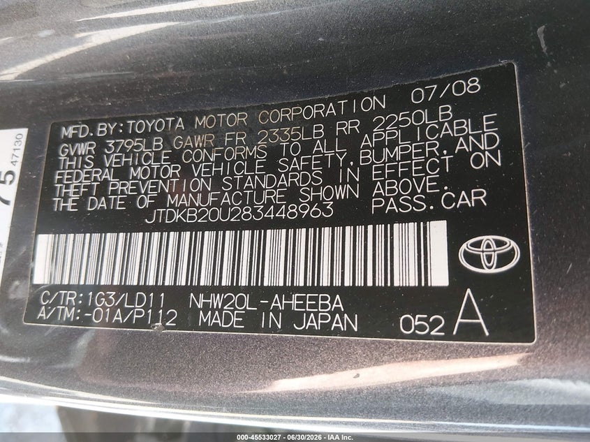 2008 Toyota Prius VIN JTDKB20U283448963 IAAI salvage auction — NORMAL WEAR, Salvage Title - Dealer (California), sold $950 on 2026-07-08 (photo 9)