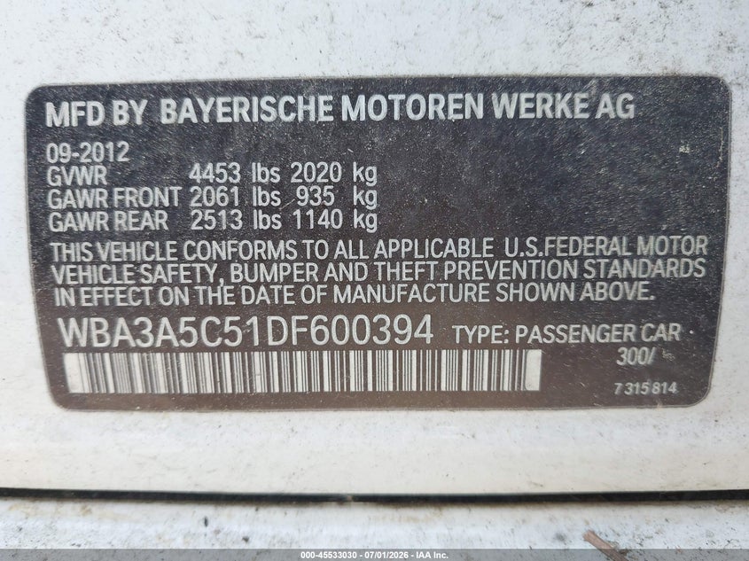 2013 BMW 3er VIN WBA3A5C51DF600394 IAAI salvage auction — NORMAL WEAR, Clear (North Carolina), sold $450 on 2026-07-15 (photo 9)