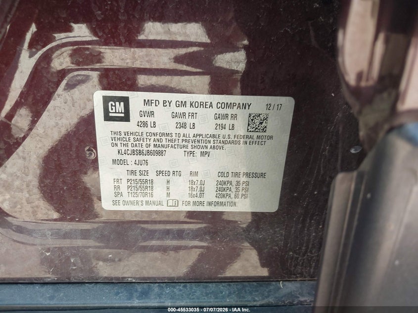 2018 Buick Encore VIN KL4CJBSB6JB609887 IAAI salvage auction — NORMAL WEAR, Regular Certificate (Iowa), sold $1,550 on 2026-07-13 (photo 9)