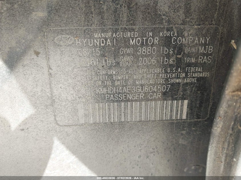 2016 Hyundai Elantra VIN KMHDH4AE3GU604507 IAAI salvage auction — NORMAL WEAR, Clear-Dealer Only (North Carolina), sold $625 on 2026-07-27 (photo 9)