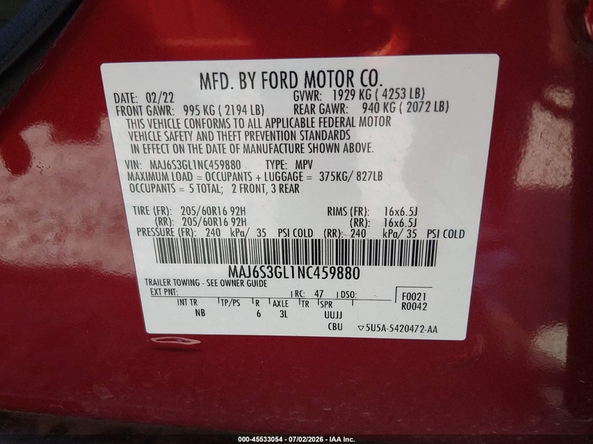 2022 Ford Ecosport VIN MAJ6S3GL1NC459880 IAAI salvage auction — FRONT END, Salvage (West Virginia), sold $25 on 2026-07-29 (photo 9)