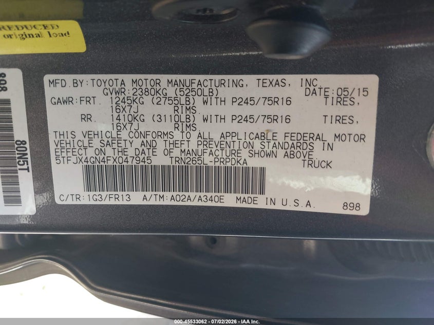 2015 Toyota Tacoma VIN 5TFJX4GN4FX047945 IAAI salvage auction — RIGHT SIDE, Salvage (Texas), sold $5,300 on 2026-07-20 (photo 9)