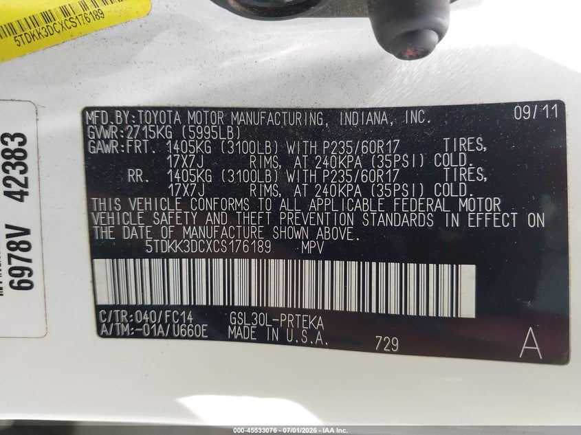 2012 Toyota Sienna VIN 5TDKK3DCXCS176189 IAAI salvage auction — SIDE, Salvage (Ohio), sold $3,500 on 2026-07-13 (photo 9)