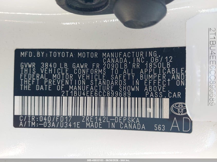 2012 Toyota Corolla VIN 2T1BU4EE6CC899689 IAAI salvage auction — RIGHT FRONT, Salvage Title, sold $4,000 on 2026-07-22 (photo 9)