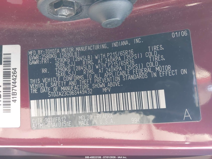2006 Toyota Sienna VIN 5TDZA23C96S449432 IAAI salvage auction — FRONT END, Salvage (California), sold $850 on 2026-07-22 (photo 9)
