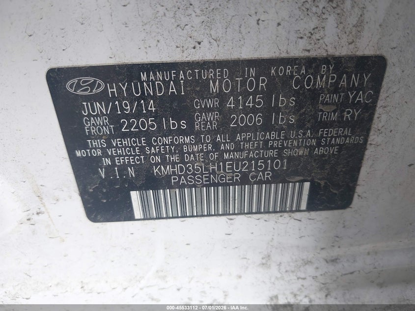2014 Hyundai VIN KMHD35LH1EU215101 IAAI salvage auction — FRONT END, Salvage Title, sold $925 on 2026-07-24 (photo 9)