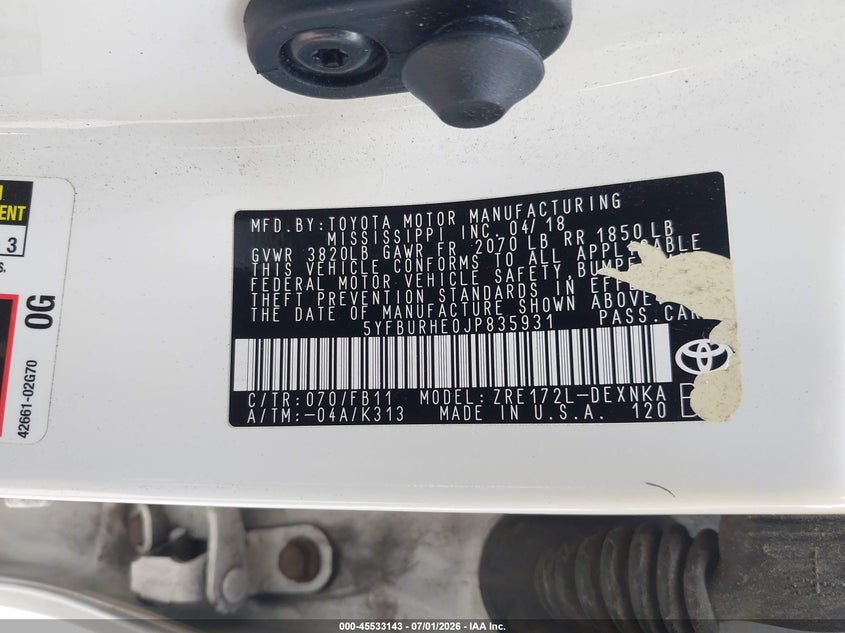 2018 Toyota Corolla VIN 5YFBURHE0JP835931 IAAI salvage auction — LEFT SIDE, Salvage Title, sold $2,700 on 2026-08-01 (photo 9)