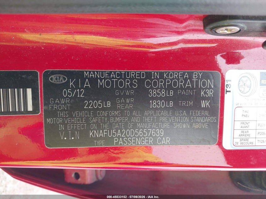 2013 Kia Forte VIN KNAFU5A20D5657639 IAAI salvage auction — NORMAL WEAR, Original (Ohio), sold $325 on 2026-07-30 (photo 9)