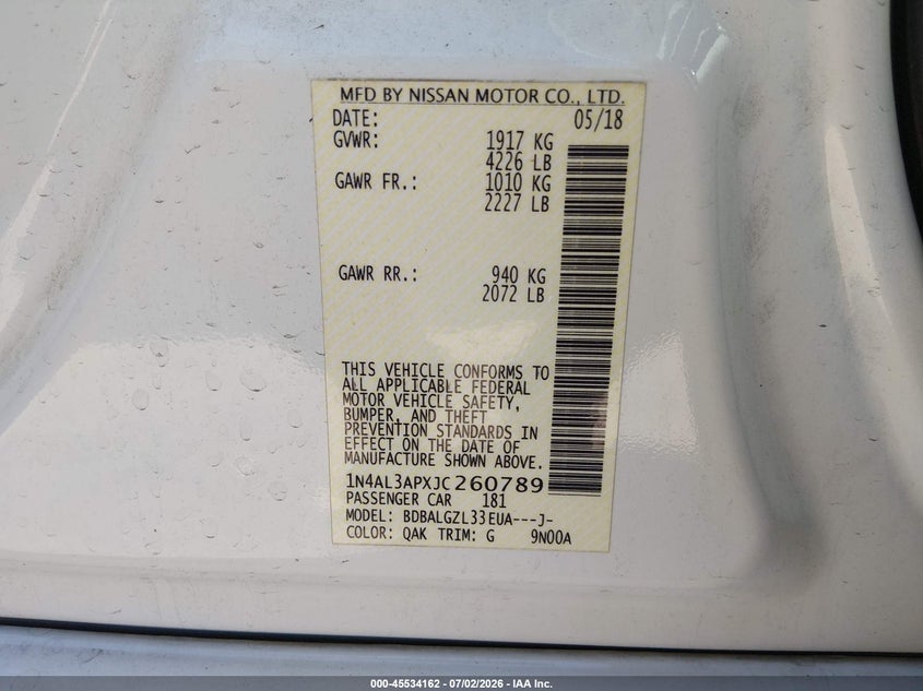 2018 Nissan Altima VIN 1N4AL3APXJC260789 IAAI salvage auction — REAR END, Salvage Title, sold $1,650 on 2026-07-12 (photo 9)
