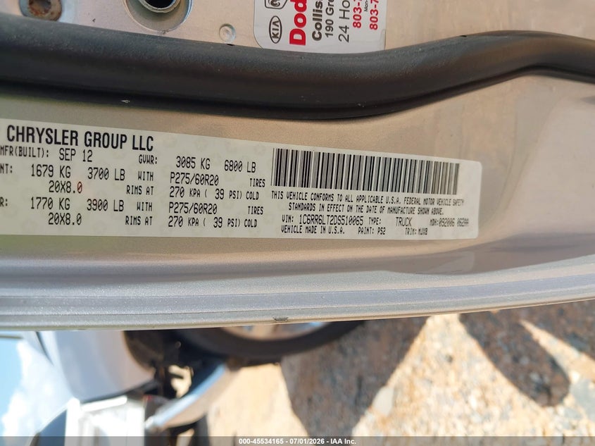 2013 Ram 1500 VIN 1C6RR6LT2DS510065 IAAI salvage auction — FRONT END, Salvage Title, sold $225 on 2026-07-20 (photo 9)