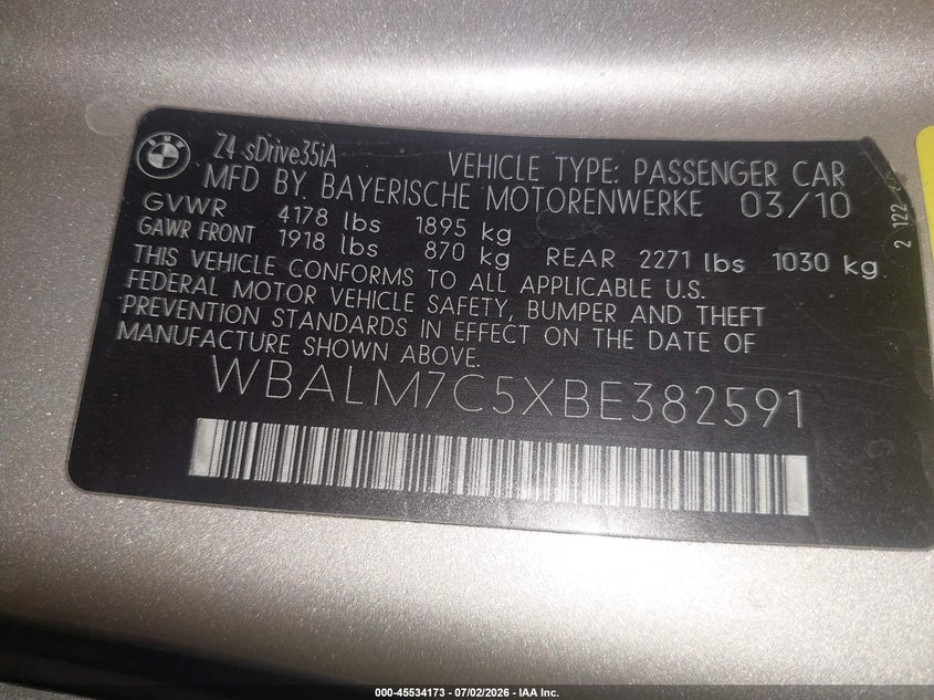 2011 BMW Z4 VIN WBALM7C5XBE382591 IAAI salvage auction — LEFT FRONT, Salvage (Arizona), sold $2,900 on 2026-08-02 (photo 9)