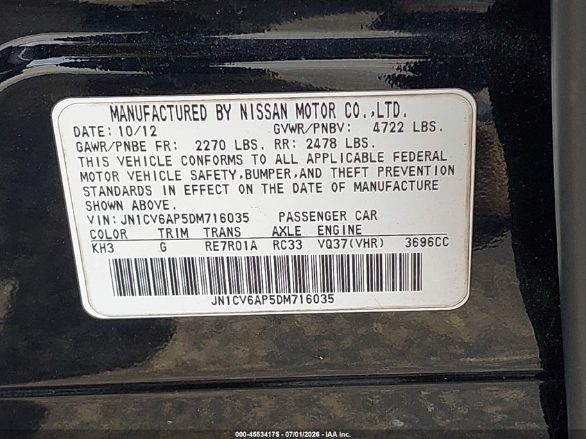2013 Infiniti G VIN JN1CV6AP5DM716035 IAAI salvage auction — FRONT END, Rebuildable (Florida), sold $1,500 on 2026-07-16 (photo 9)
