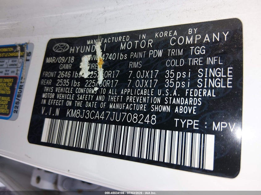 2018 Hyundai Tucson VIN KM8J3CA47JU708248 IAAI salvage auction — NORMAL WEAR, Salvage Title, sold $400 on 2026-07-29 (photo 9)