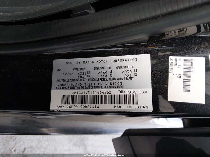 2016 Mazda 6 VIN JM1GJ1V51G1464862 IAAI salvage auction — FRONT END, Rebuildable (Florida), sold $650 on 2026-07-22 (photo 9)