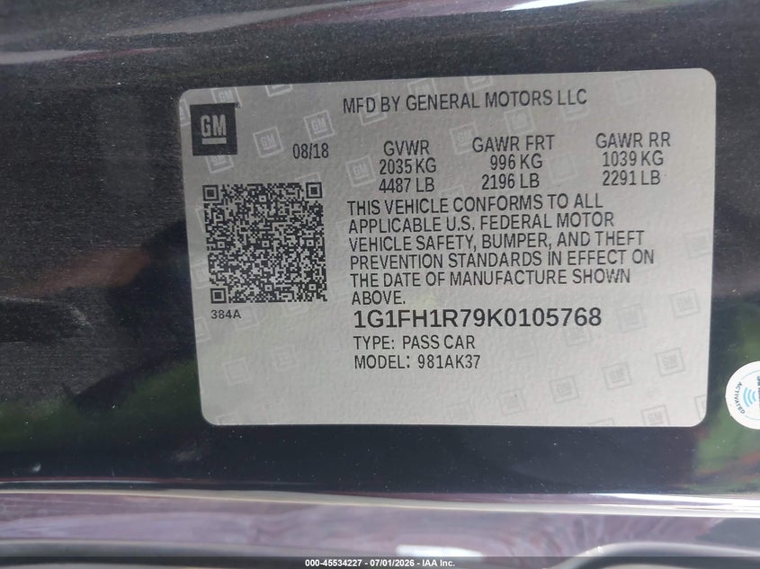 2019 Chevrolet Camaro VIN 1G1FH1R79K0105768 IAAI salvage auction — RIGHT SIDE, Salvage Title, sold $9,800 on 2026-07-29 (photo 9)