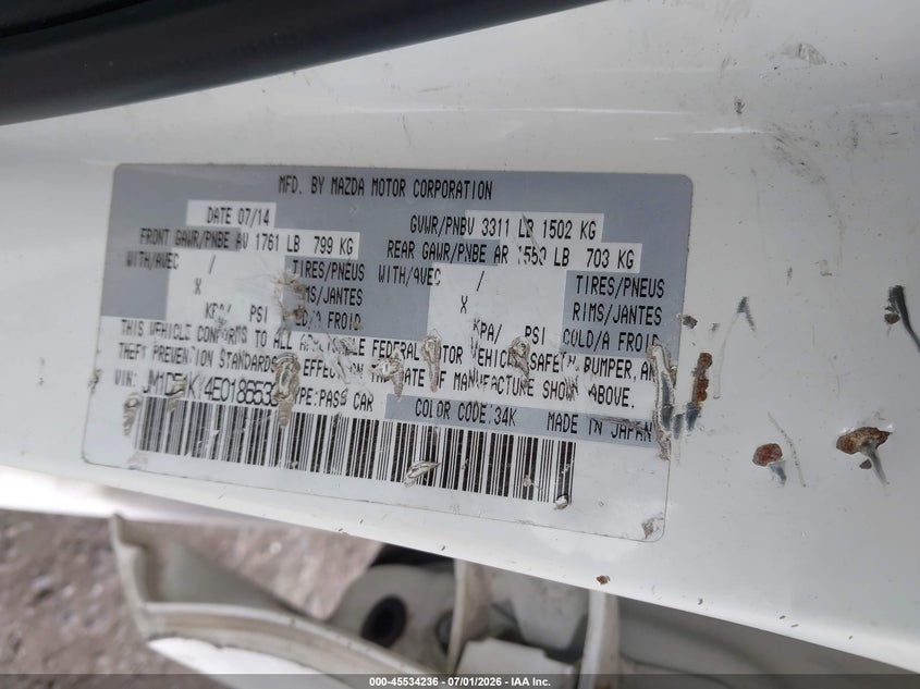 2014 Mazda 2 VIN JM1DE1KY4E0186533 IAAI salvage auction — REAR END, Salvage Certificate (California), sold $25 on 2026-07-24 (photo 9)