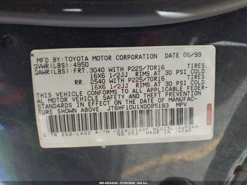 1999 Lexus Rx 300 VIN JT6HF10U1X0085183 IAAI salvage auction — REAR END, Salvage (California), sold $650 on 2026-07-16 (photo 9)