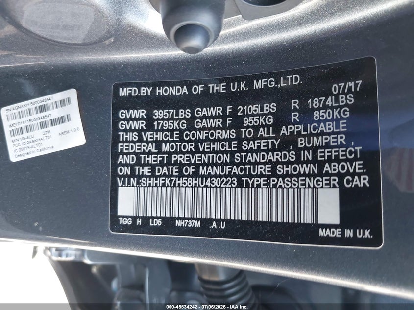 2017 Honda Civic VIN SHHFK7H58HU430223 IAAI salvage auction — REAR END, Salvage Certificate (California), sold $4,600 on 2026-07-22 (photo 9)